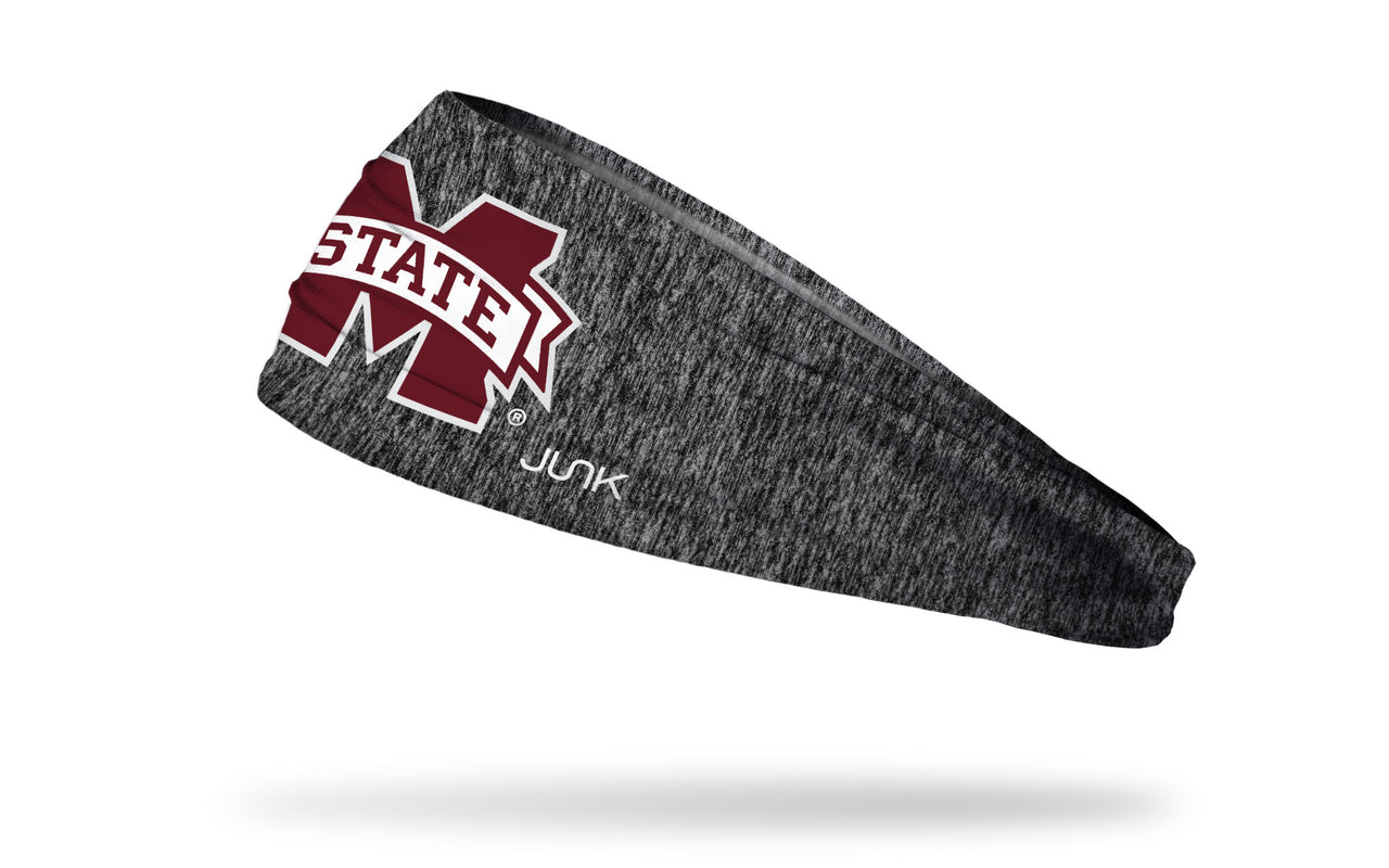 grey and black heathered headband with Mississippi State University M State logo in maroon and white