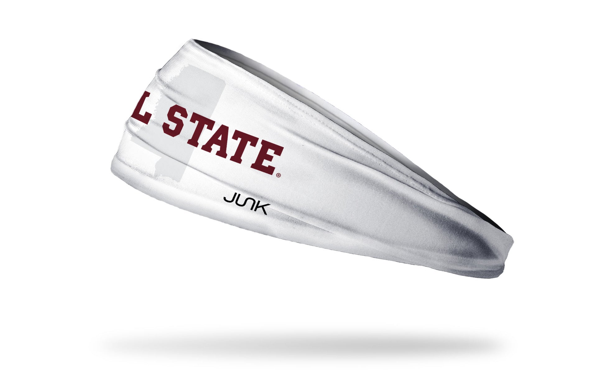 white headband with Mississippi State University Hail State wordmark in maroon with outline of Mississippi in light grey