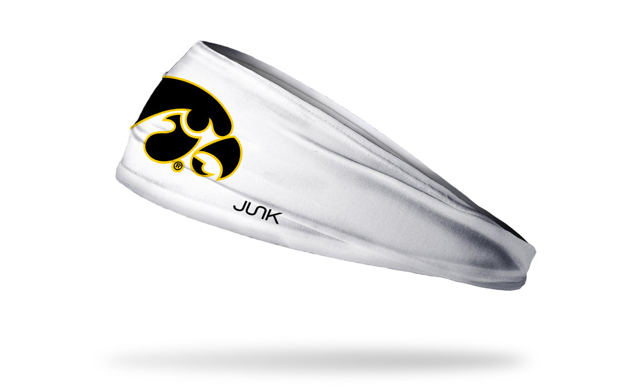 white headband with University of Iowa tiger hawk logo in black and gold