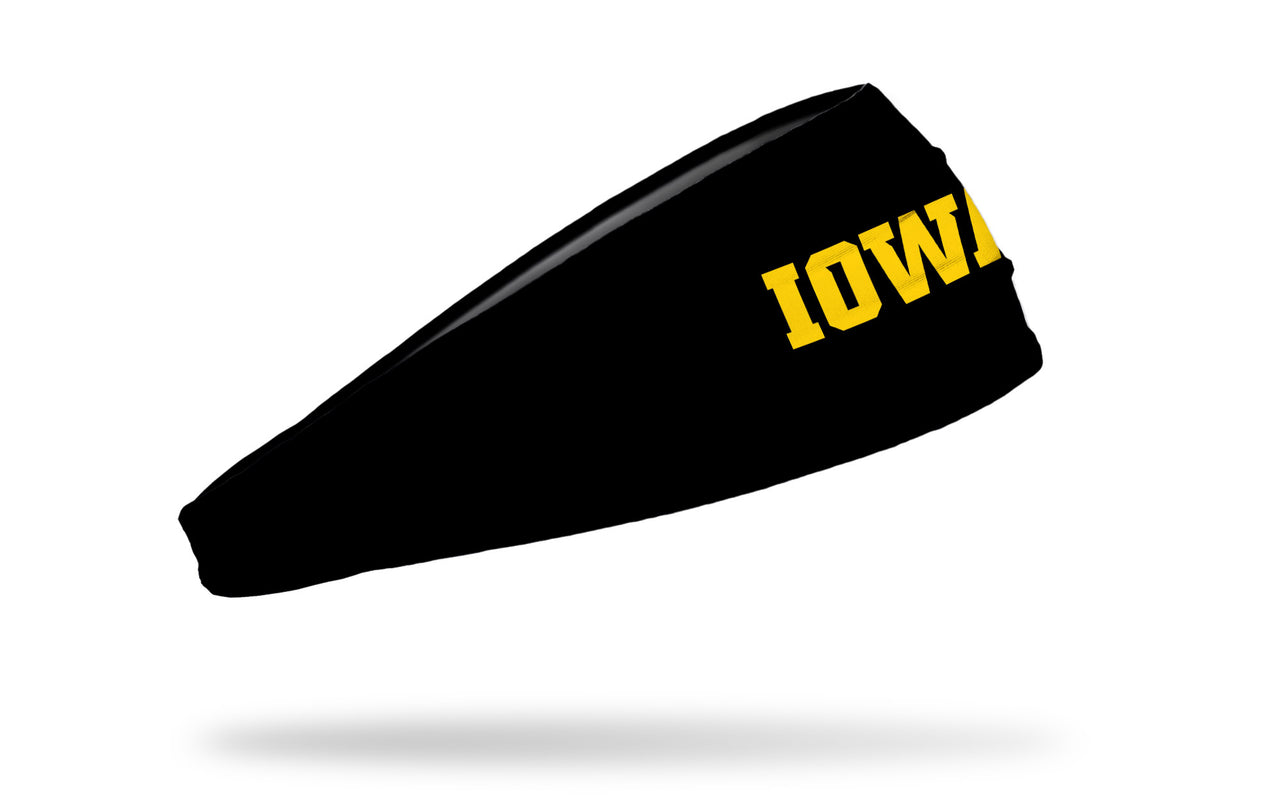 black headband with University of Iowa Iowa wordmark in gold