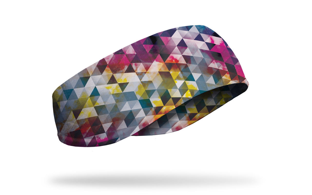 colorful ear warmer with pink red blue yellow geometric design