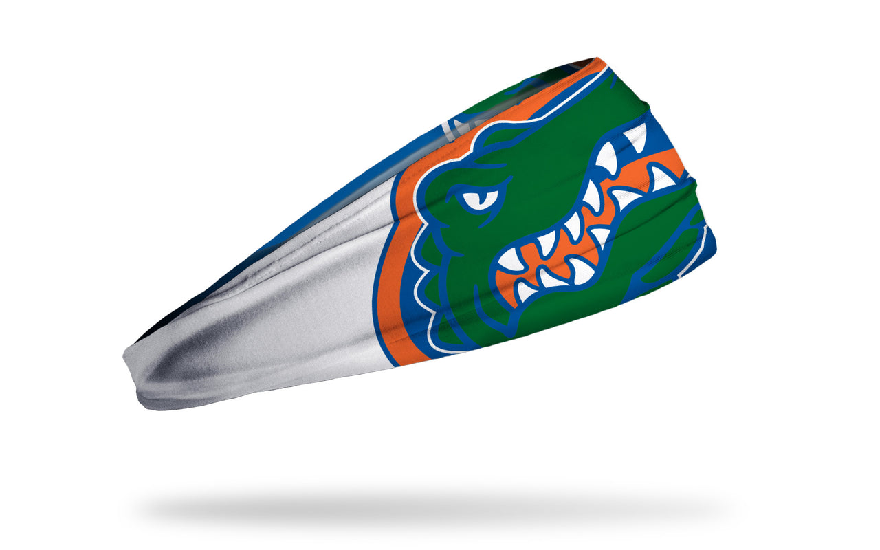 white and blue headband with University of Florida oversized gator mascot in green orange and blue