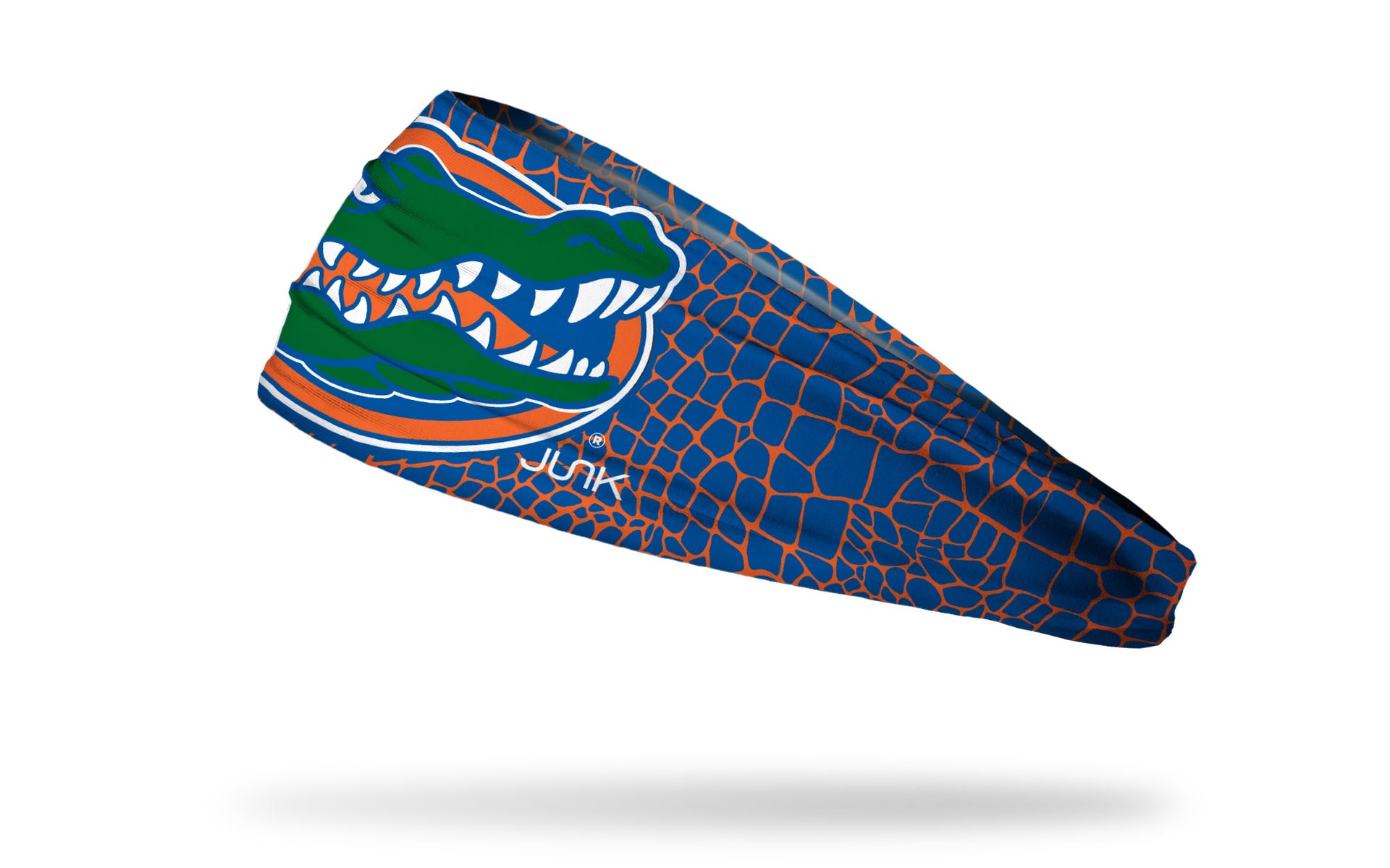blue and orange gator skin print headband with University of Florida gator logo in full green orange and blue