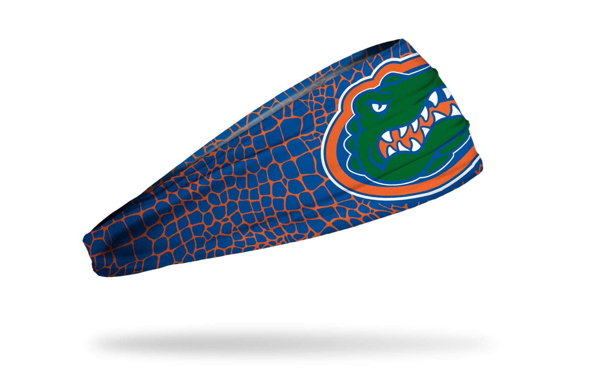 blue and orange gator skin print headband with University of Florida gator logo in full green orange and blue