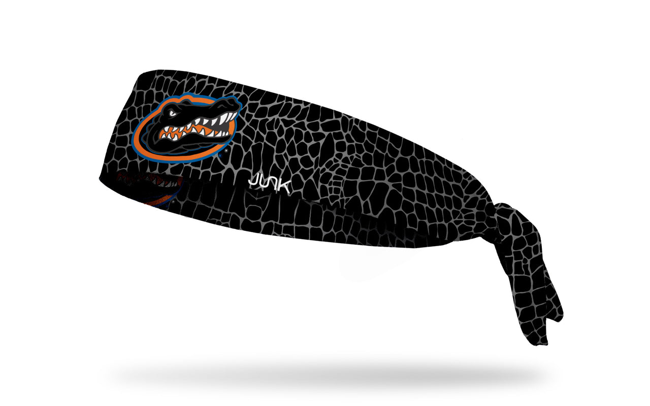 black and grey gator skin print headband with University of Florida gator logo in black white orange and blue