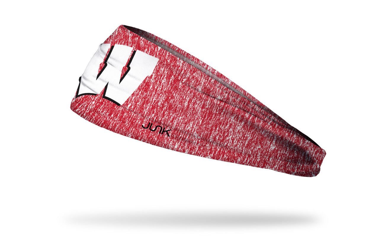 red and white heathered headband with University of Wisconsin W logo in white and black