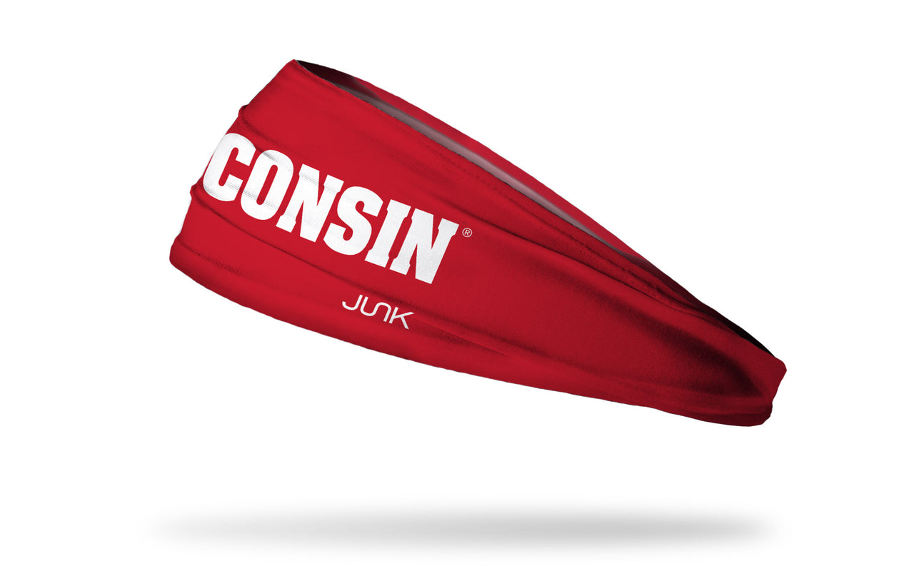 red headband with University of Wisconsin Wisconsin wordmark in white