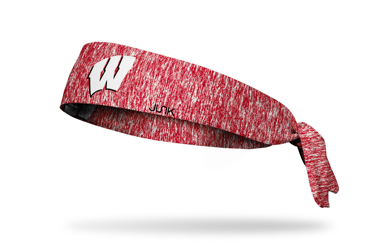 red and white heathered headband with University of Wisconsin W logo in white and black