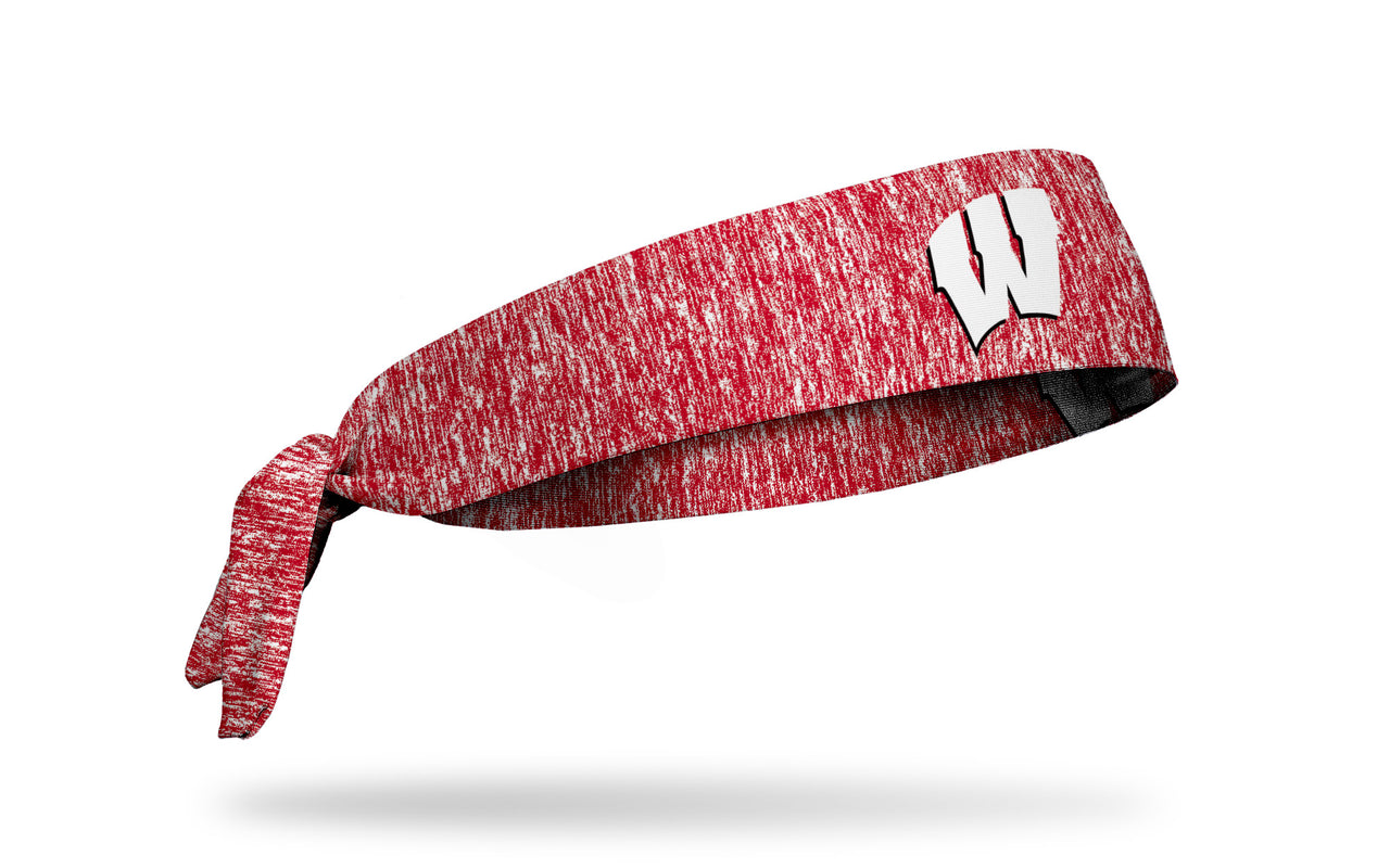 red and white heathered headband with University of Wisconsin W logo in white and black