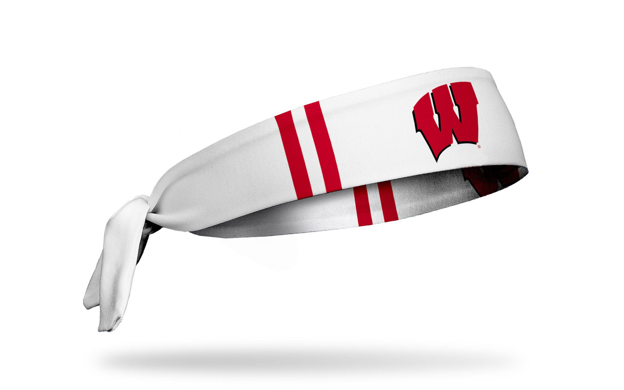 white headband with red varsity stripes and University of Wisconsin W logo in red and black