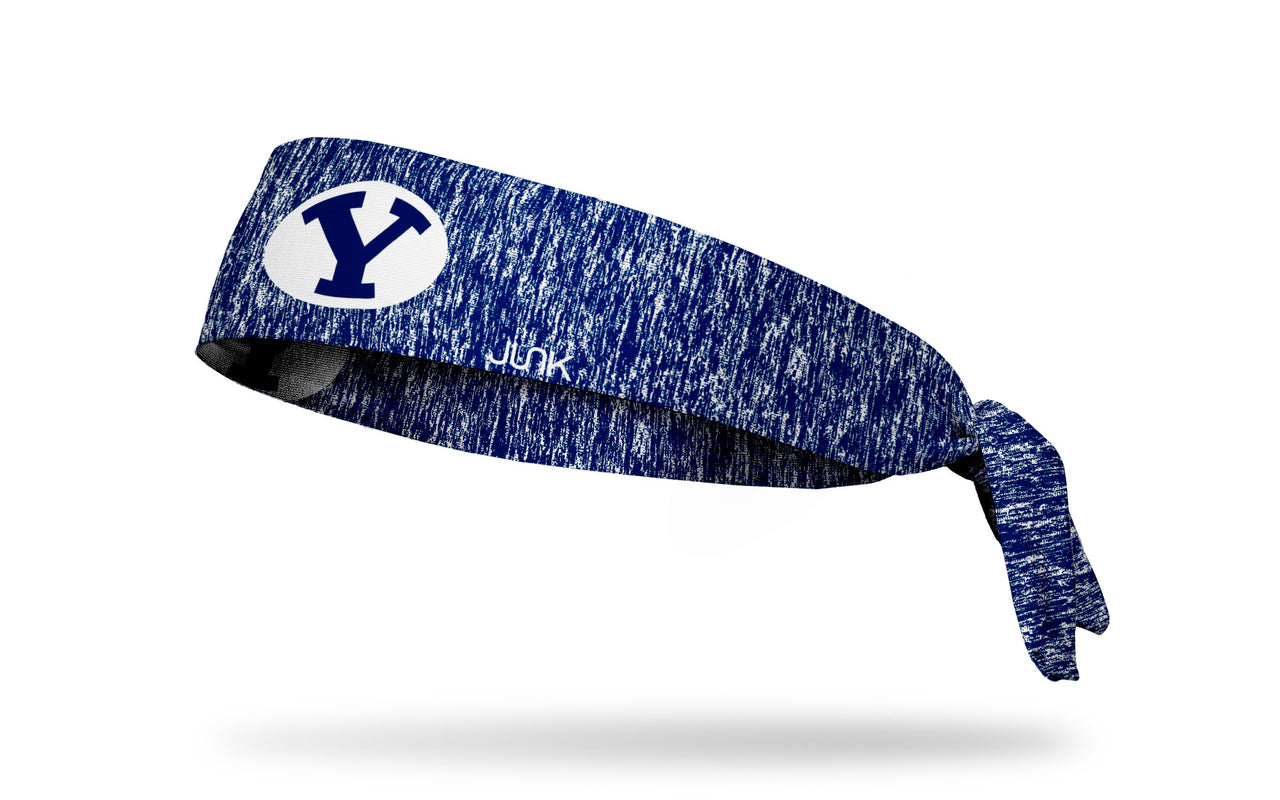 navy and white heathered headband with Brigham Young University Y logo in navy and white