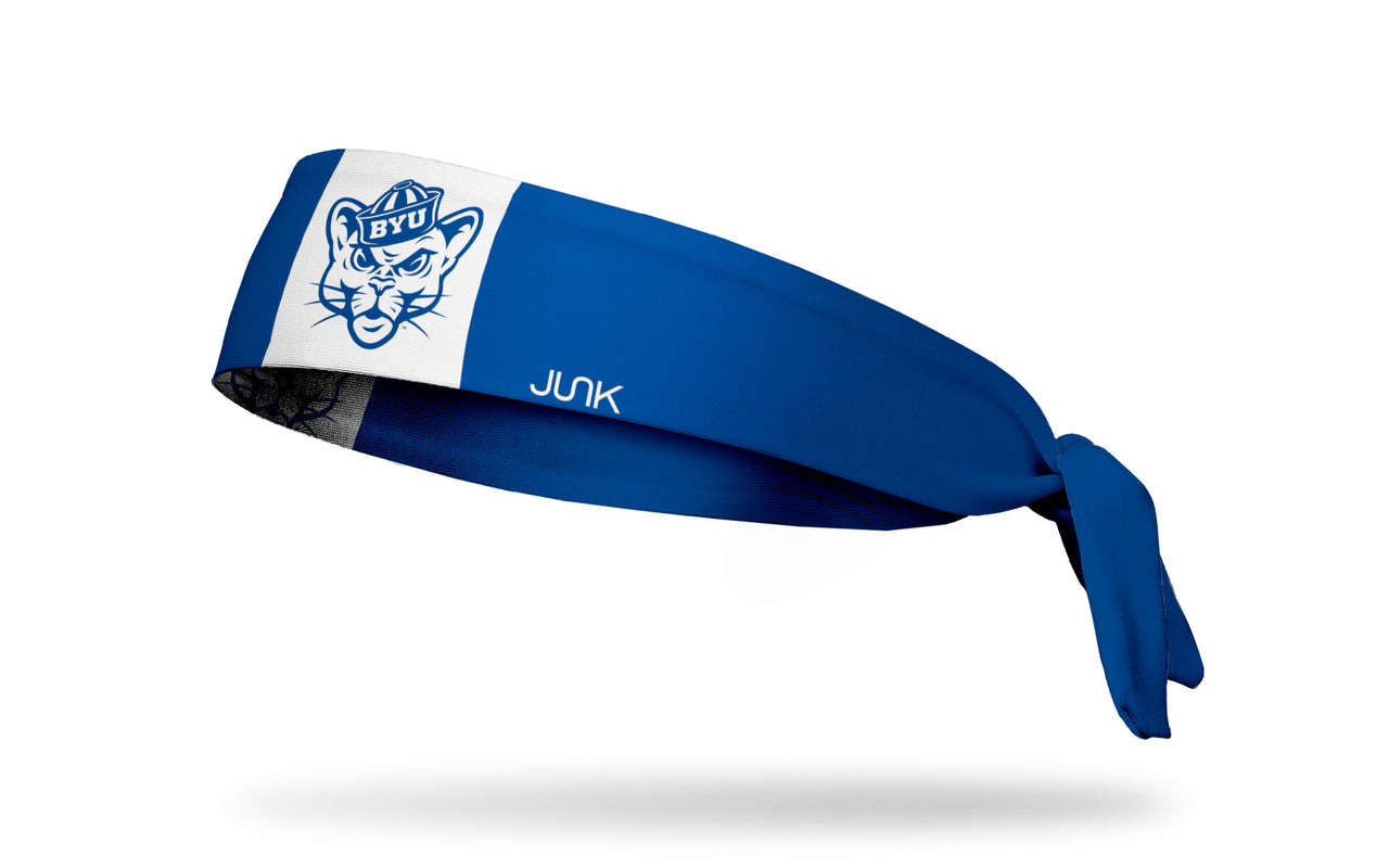 blue and white headband with Brigham Young University classic sailor cougar logo in royal blue