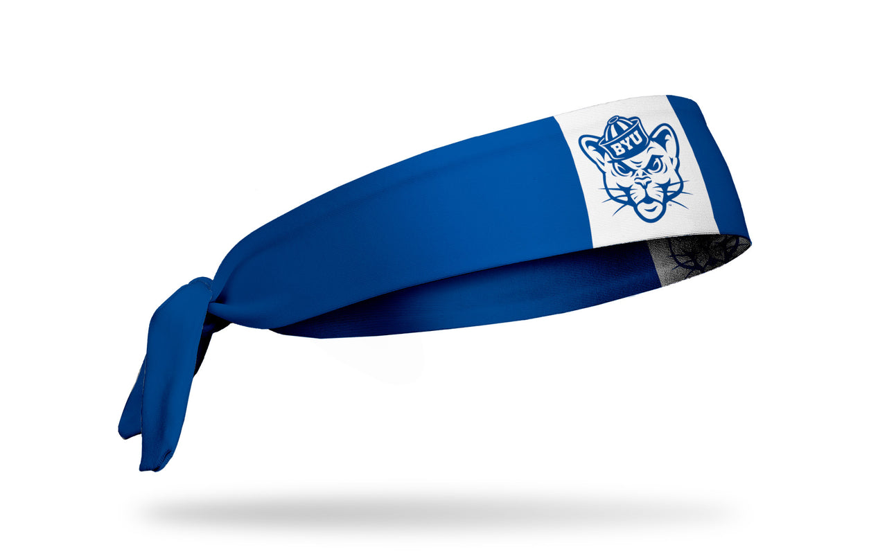 blue and white headband with Brigham Young University classic sailor cougar logo in royal blue