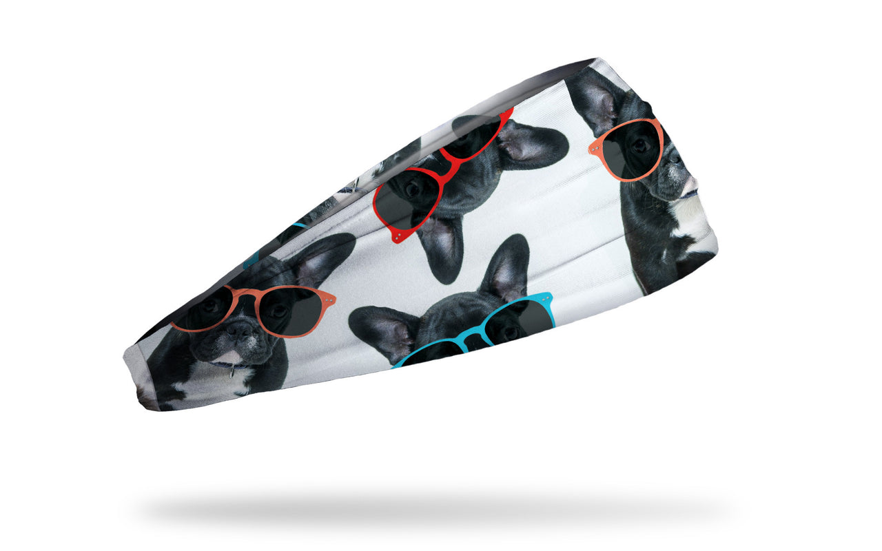white headband with french bulldogs wearing colorful orange red and blue sunglasses design