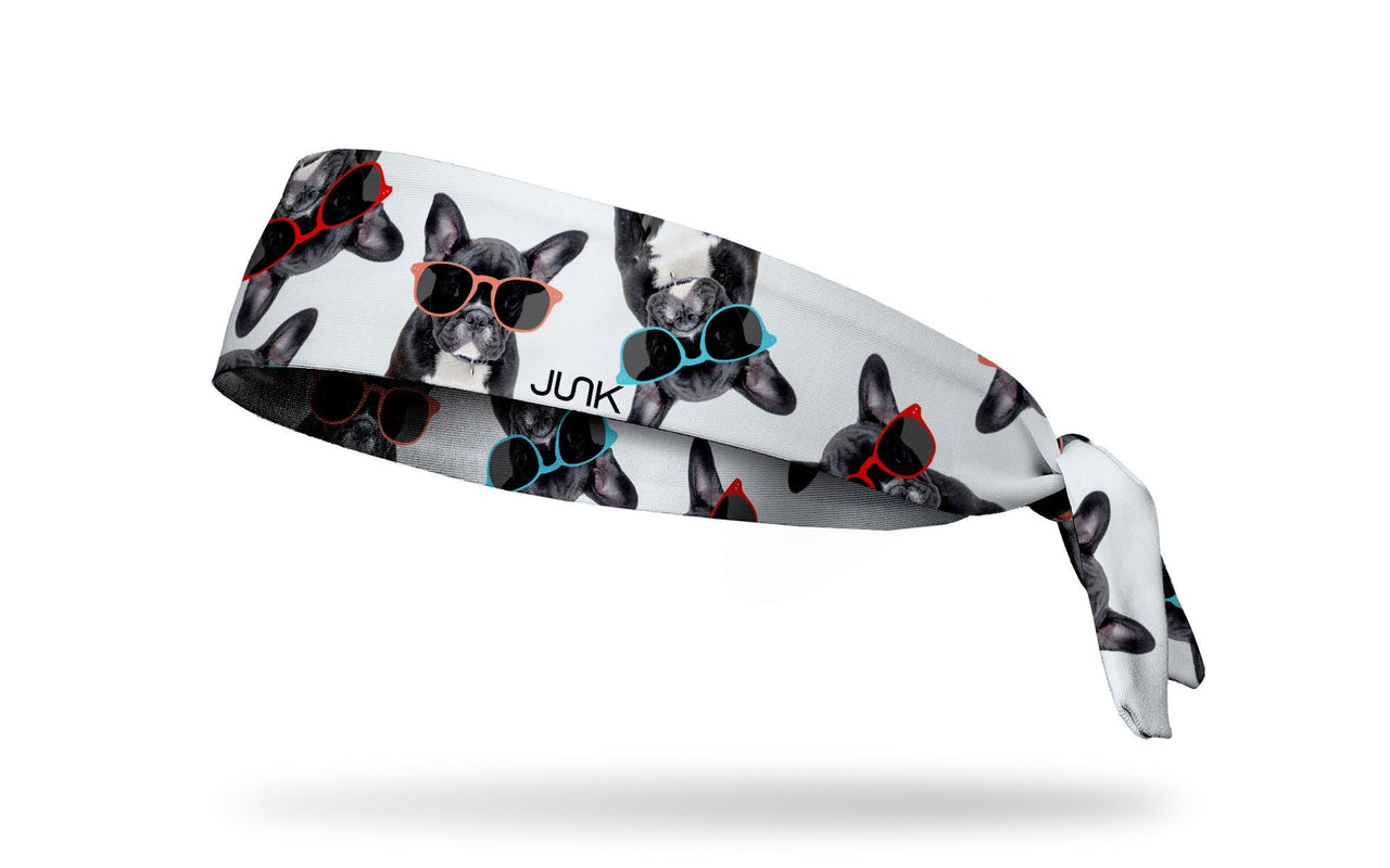 white headband with french bulldogs wearing colorful orange red and blue sunglasses design