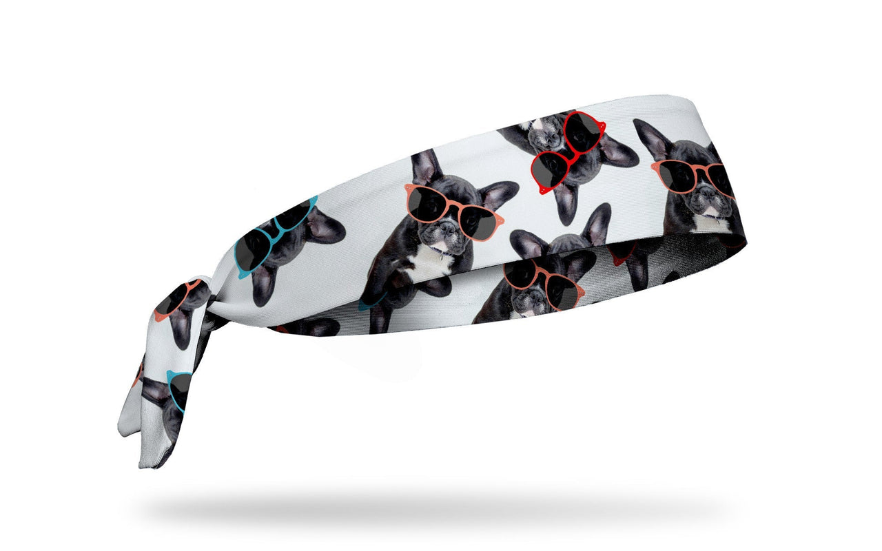 white headband with french bulldogs wearing colorful orange red and blue sunglasses design