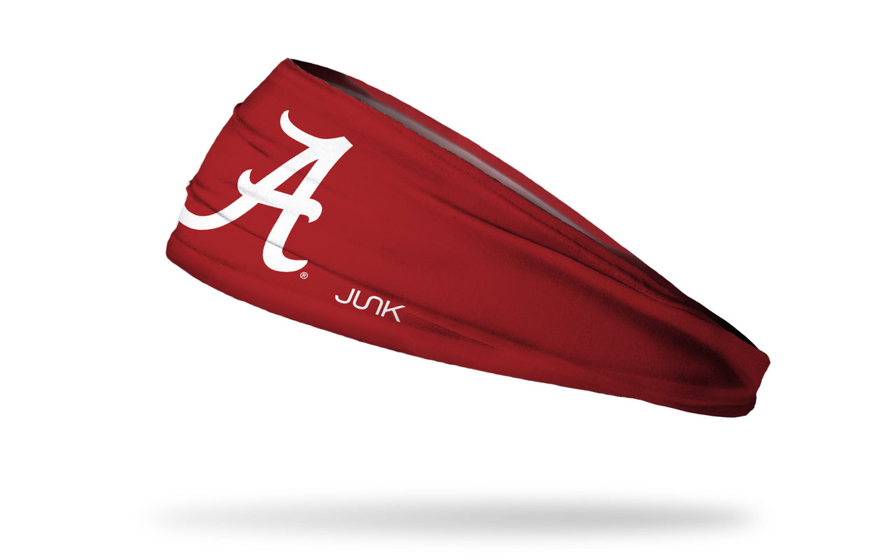 crimson red headband with University of Alabama A logo in white