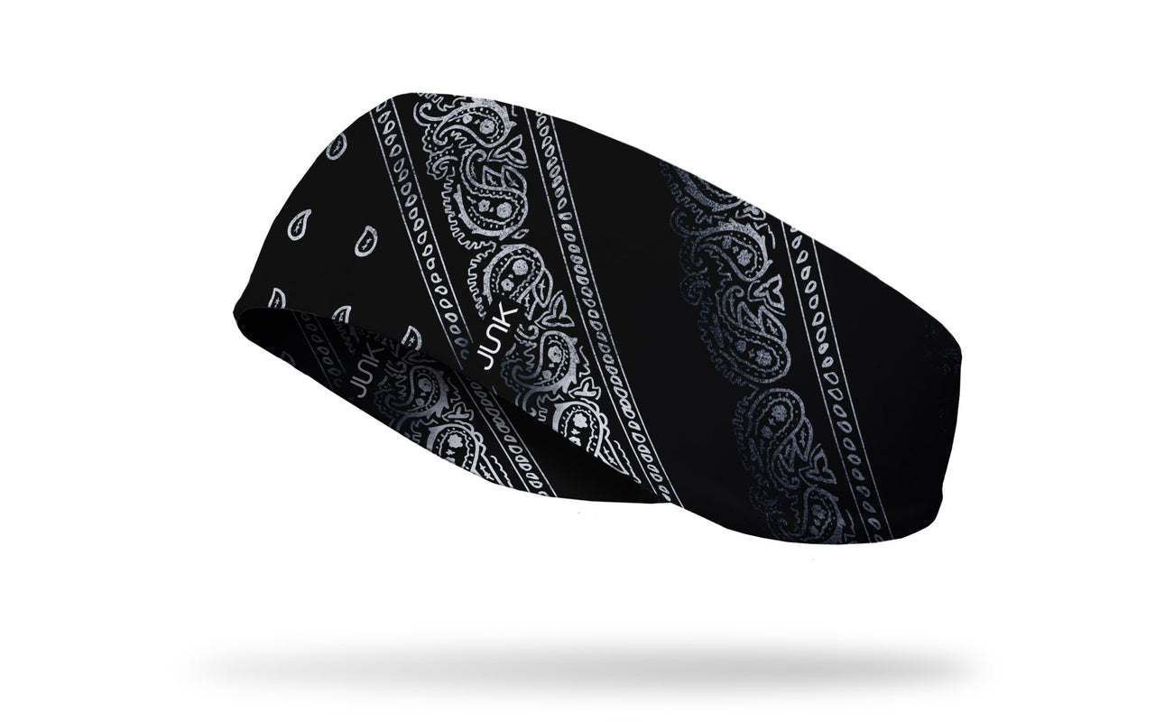 left side view black and white distressed paisley bandana print JUNK ear warmer