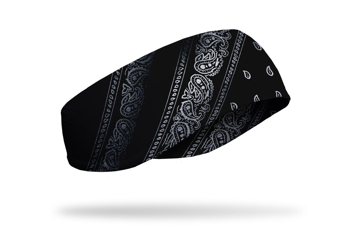 right side view black and white distressed paisley bandana print JUNK ear warmer