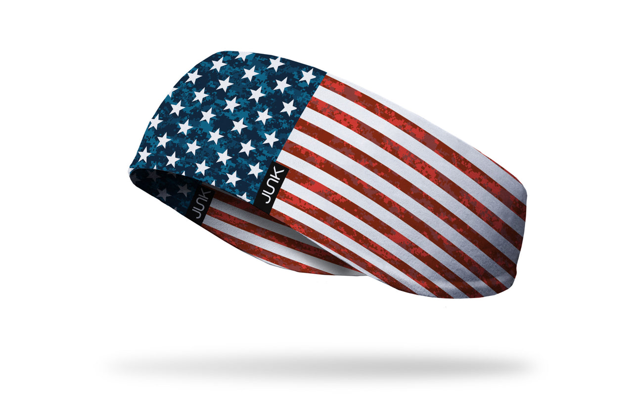 left side view of distressed american flag red white and blue printed JUNK ear warmer
