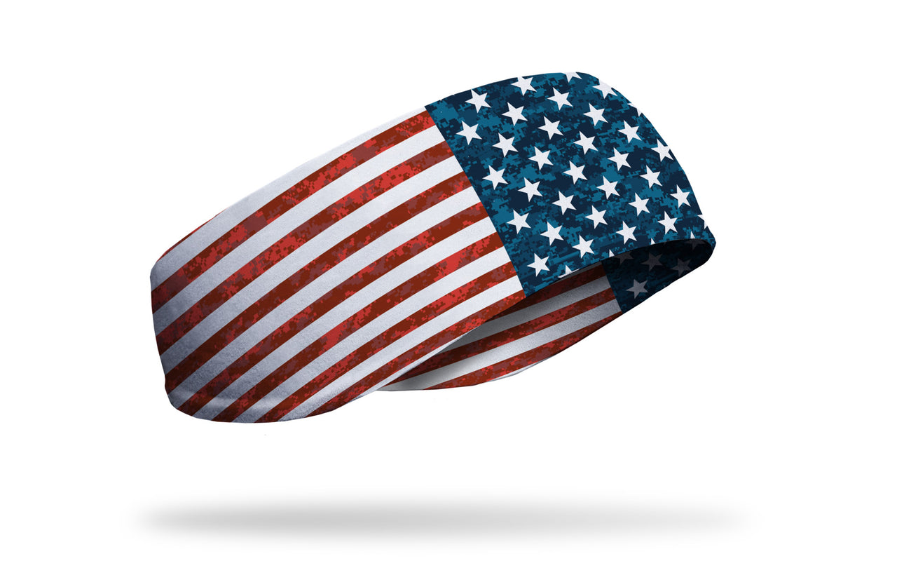 right side view of distressed american flag red white and blue printed JUNK ear warmer
