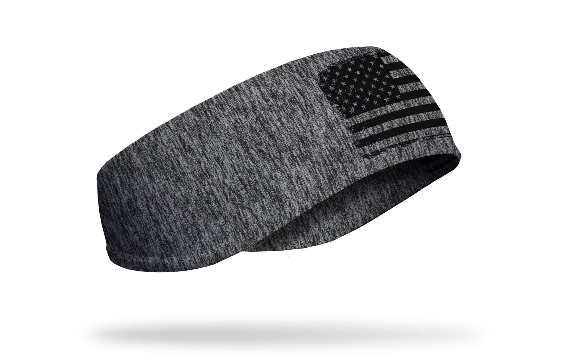 grey and black heathered JUNK ear warmer with distressed american flag outline in black