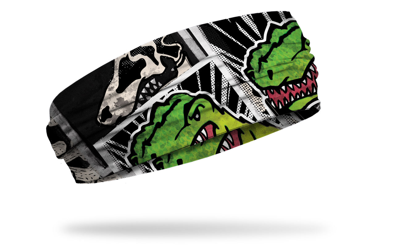 black and white dinosaur themed headband with bright green t-rex focus