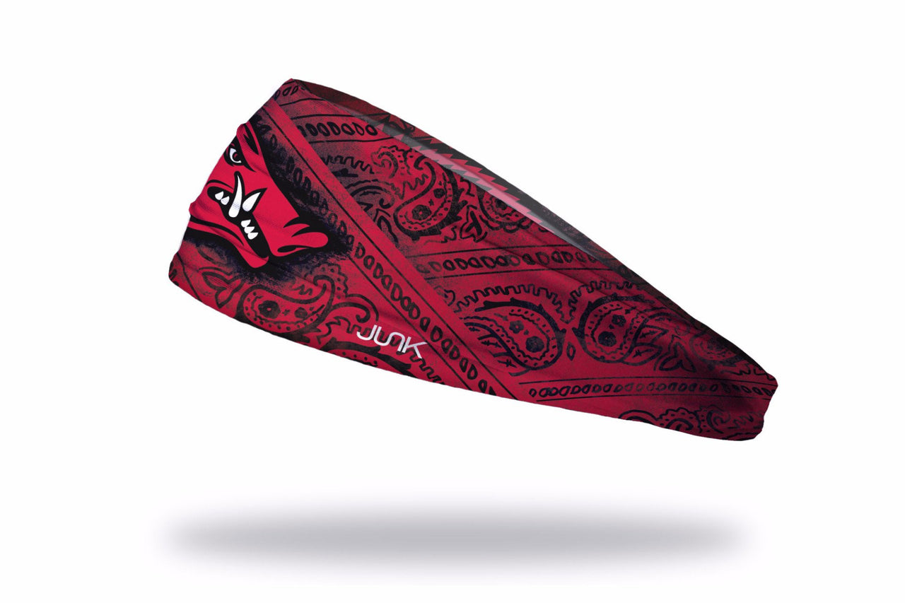 red and black bandana print headband with University of Arkansas Razorback logo in full color