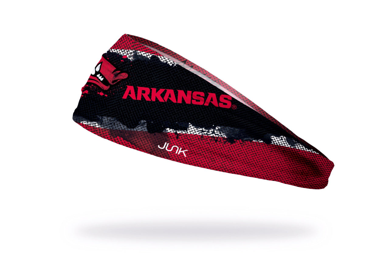 red white and black jersey print headband with University of Arkansas Razorback logo in full color and razorback wordmark in red