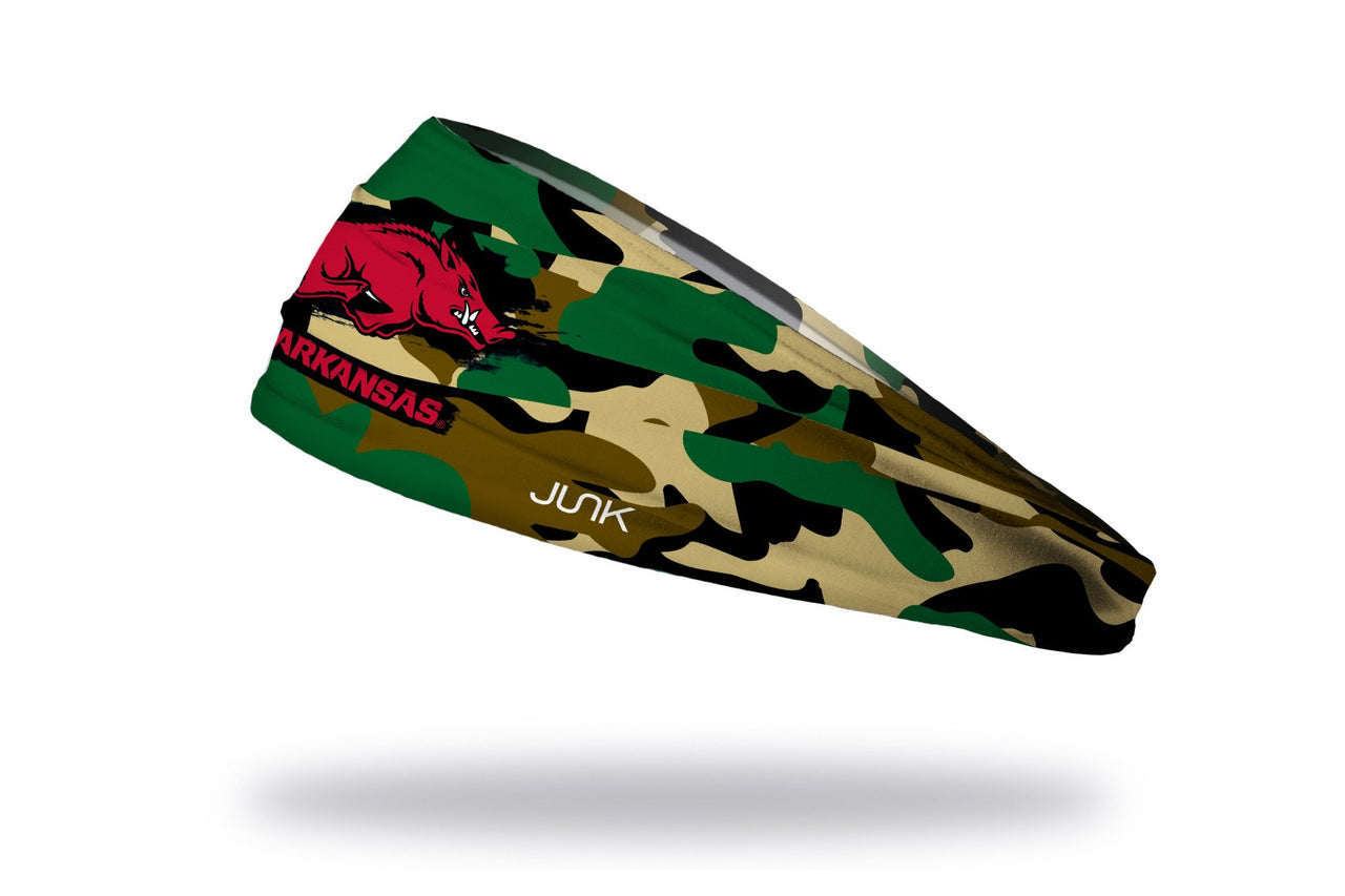 generic camo print headband with University of Arkansas Razorback logo in full color over Arkansas wordmark in red