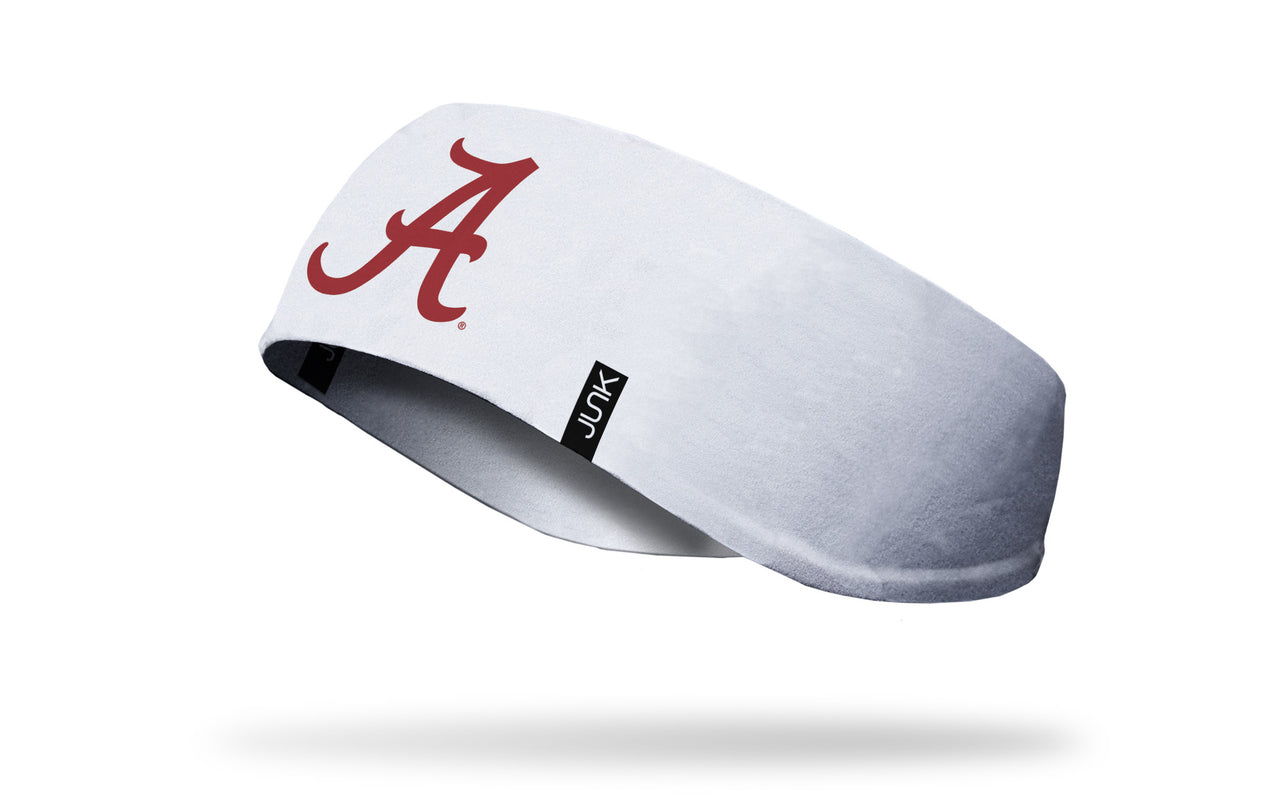 white ear warmer with University of Alabama A logo in crimson red