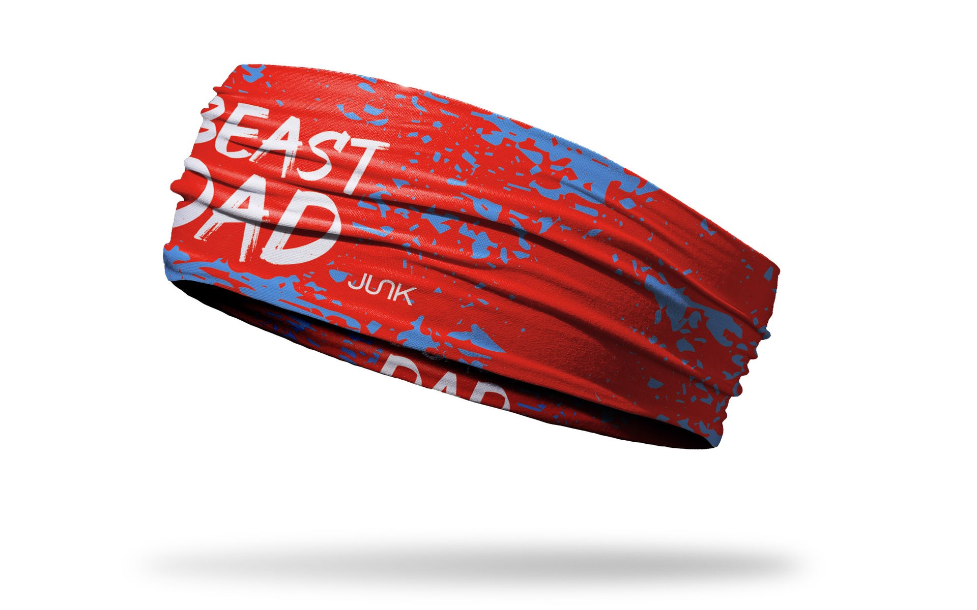 red headband with random blue paint strokes and Beast Dad wordmark in white
