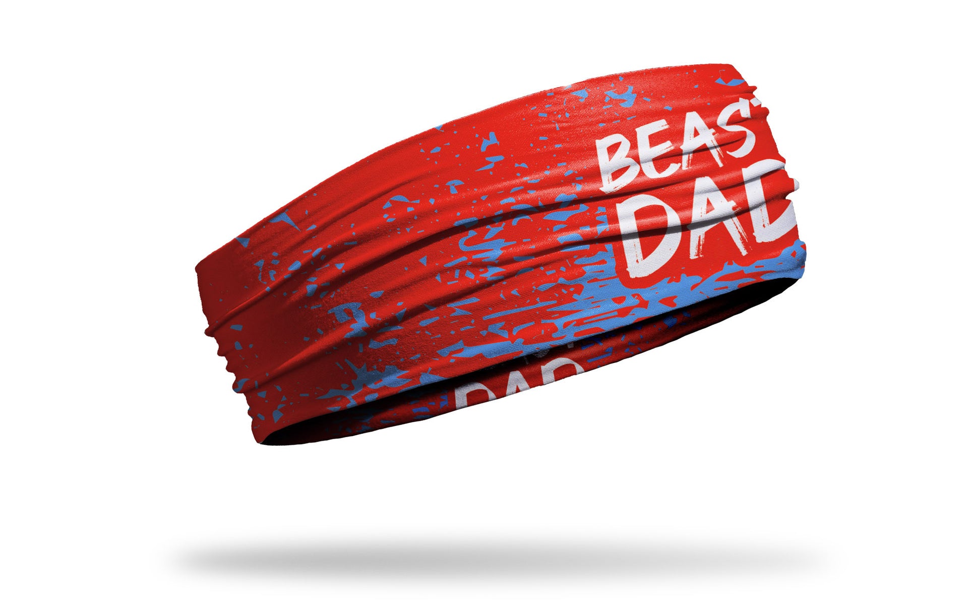 red headband with random blue paint strokes and Beast Dad wordmark in white