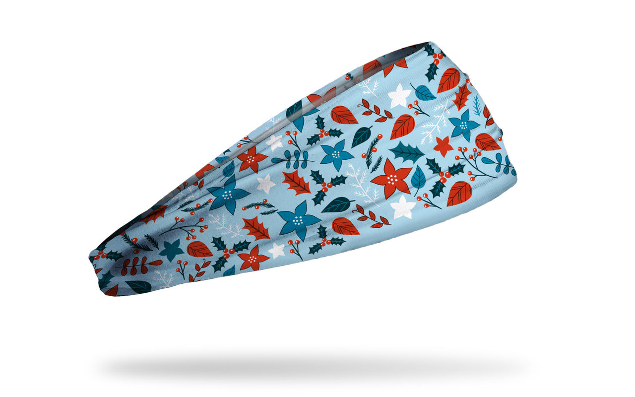 light blue winter christmas themed headband with poinsetta flowers stars holly pine branches