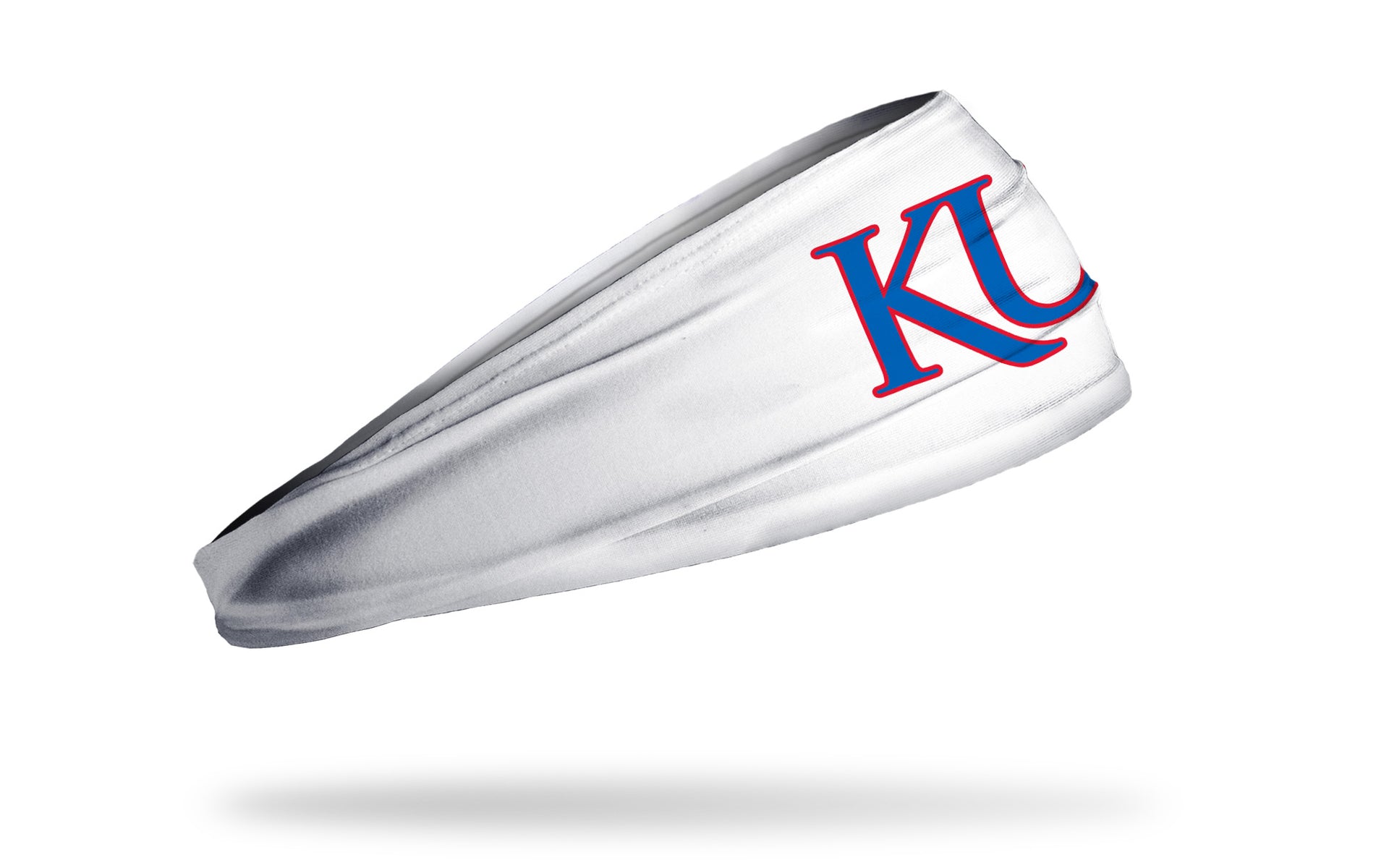 white headband with University of Kansas K U logo in red and royal blue