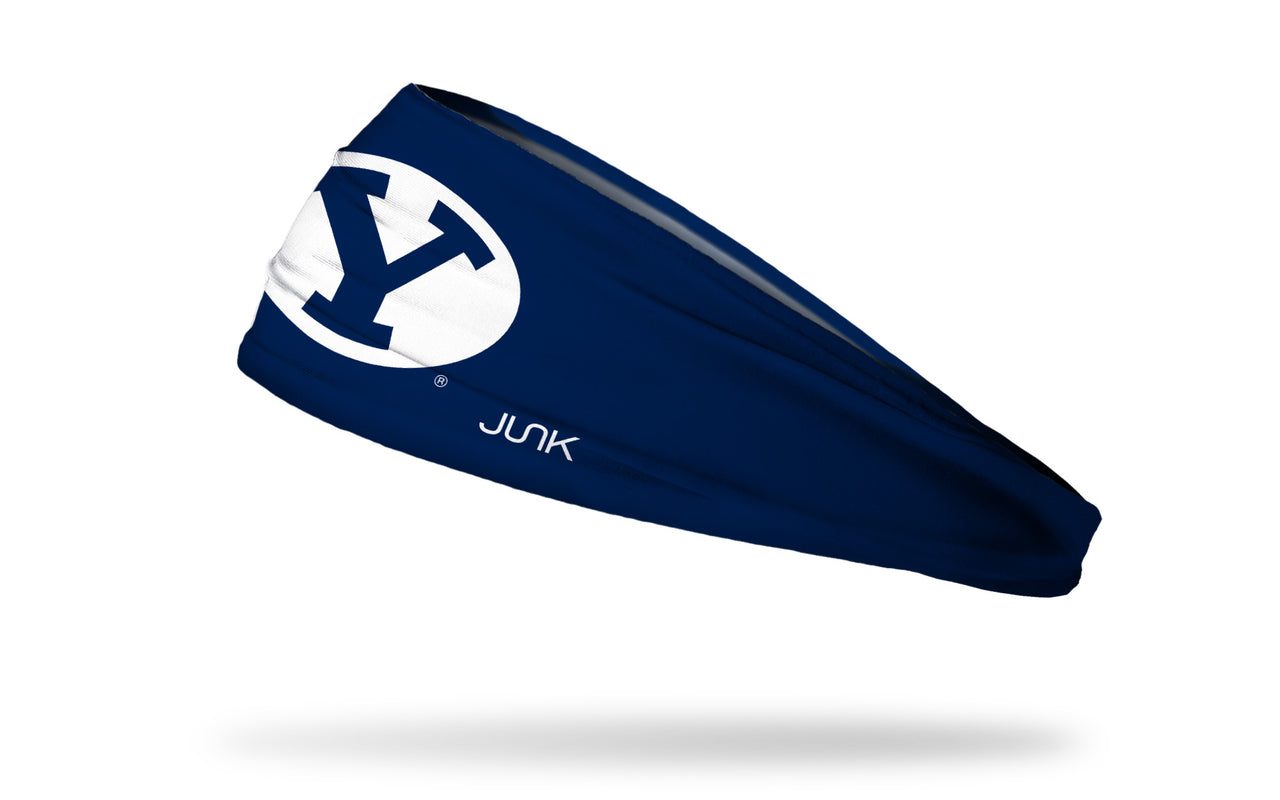 navy headband with Brigham Young University Y logo in white