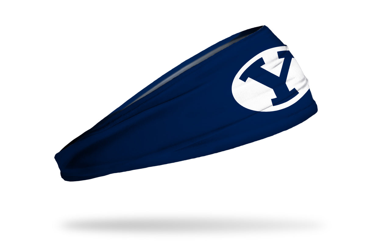 navy headband with Brigham Young University Y logo in white