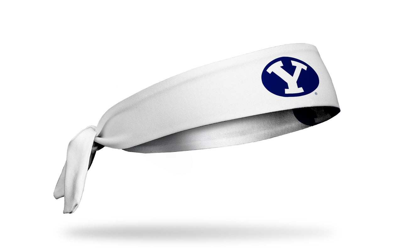 white headband with Brigham Young University Y logo in navy