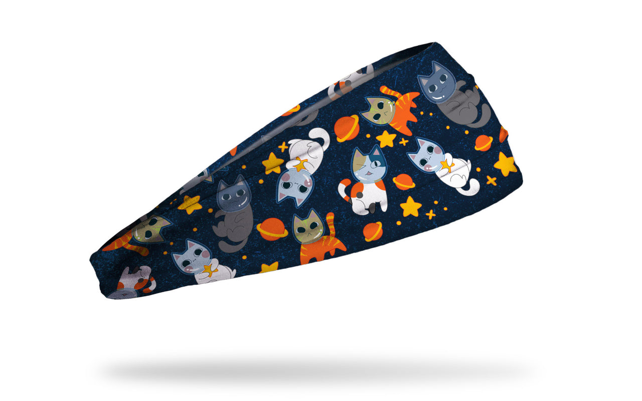 cat themed navy headband with cats as astronauts in space with stars and moons