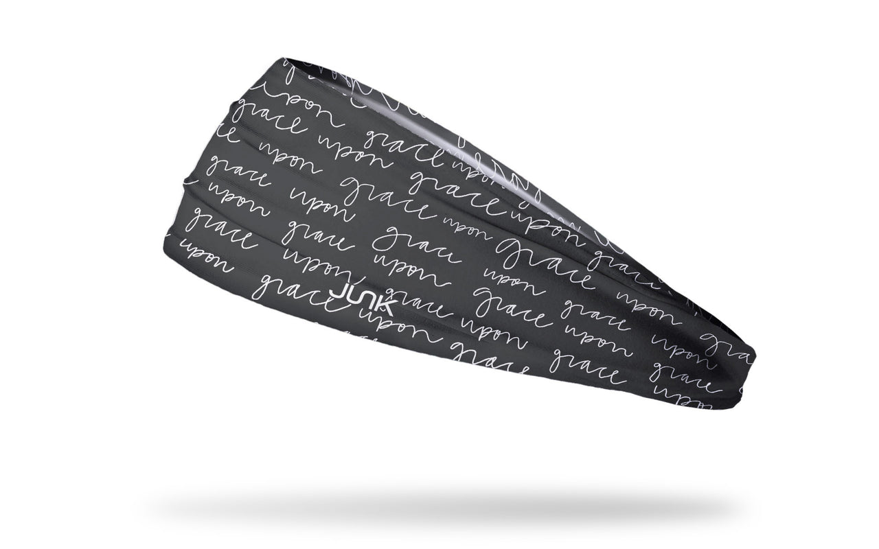 JUNK Athlete Christine Kole headband collection grace upon grace wordmark in repeating pattern on black