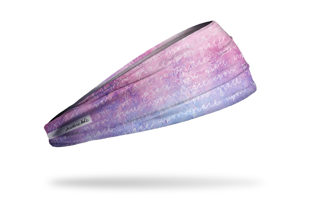 JUNK Athlete Christine Kole headband collection grace upon grace wordmark in repeating pattern on tie dye