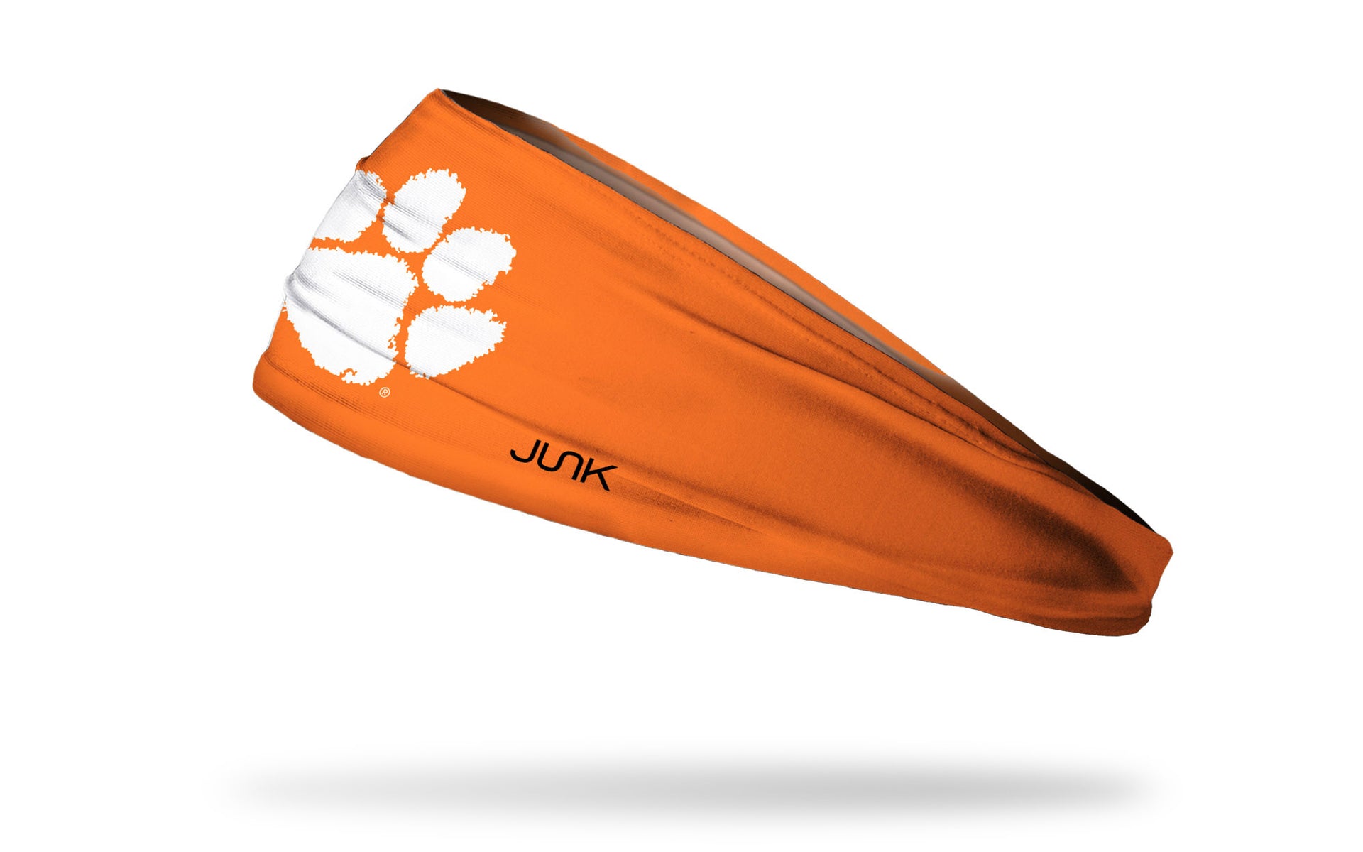 orange headband with Clemson University paw print logo in white