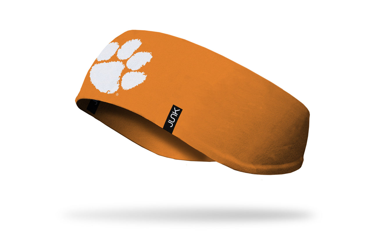orange ear warmer with Clemson University paw print logo in white