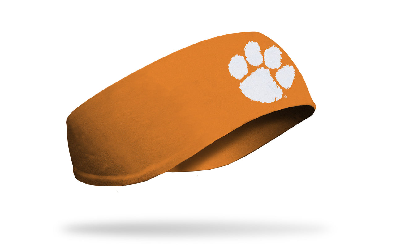 orange ear warmer with Clemson University paw print logo in white