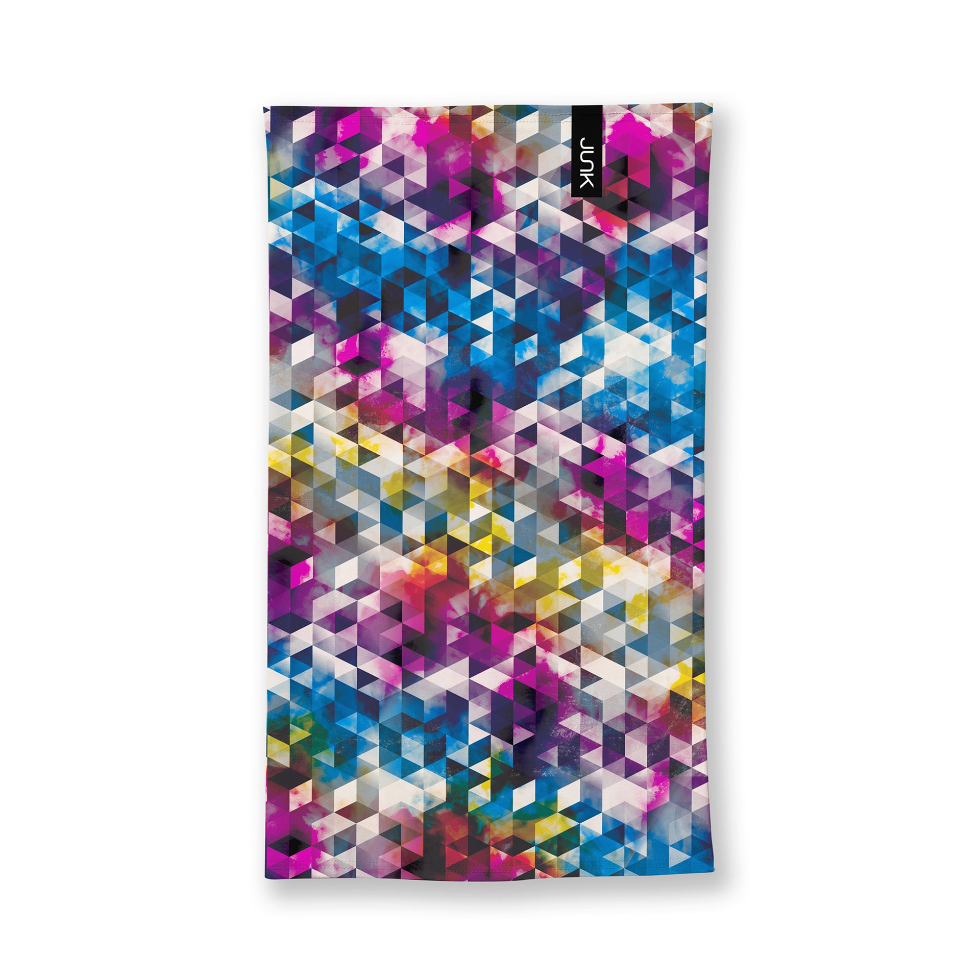 colorful winter neck gaiter with pink red blue yellow geometric design