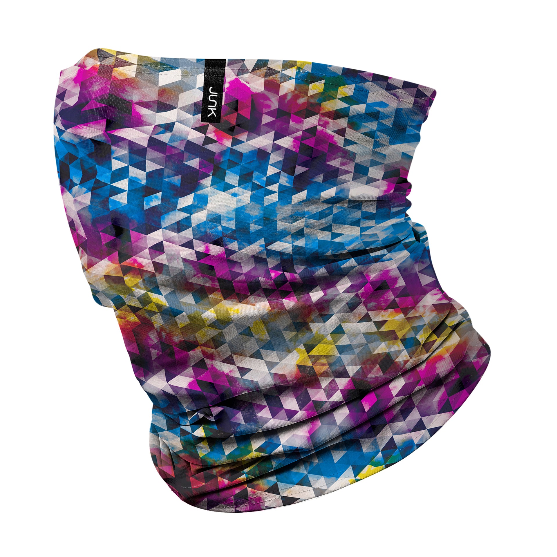 colorful winter neck gaiter with pink red blue yellow geometric design