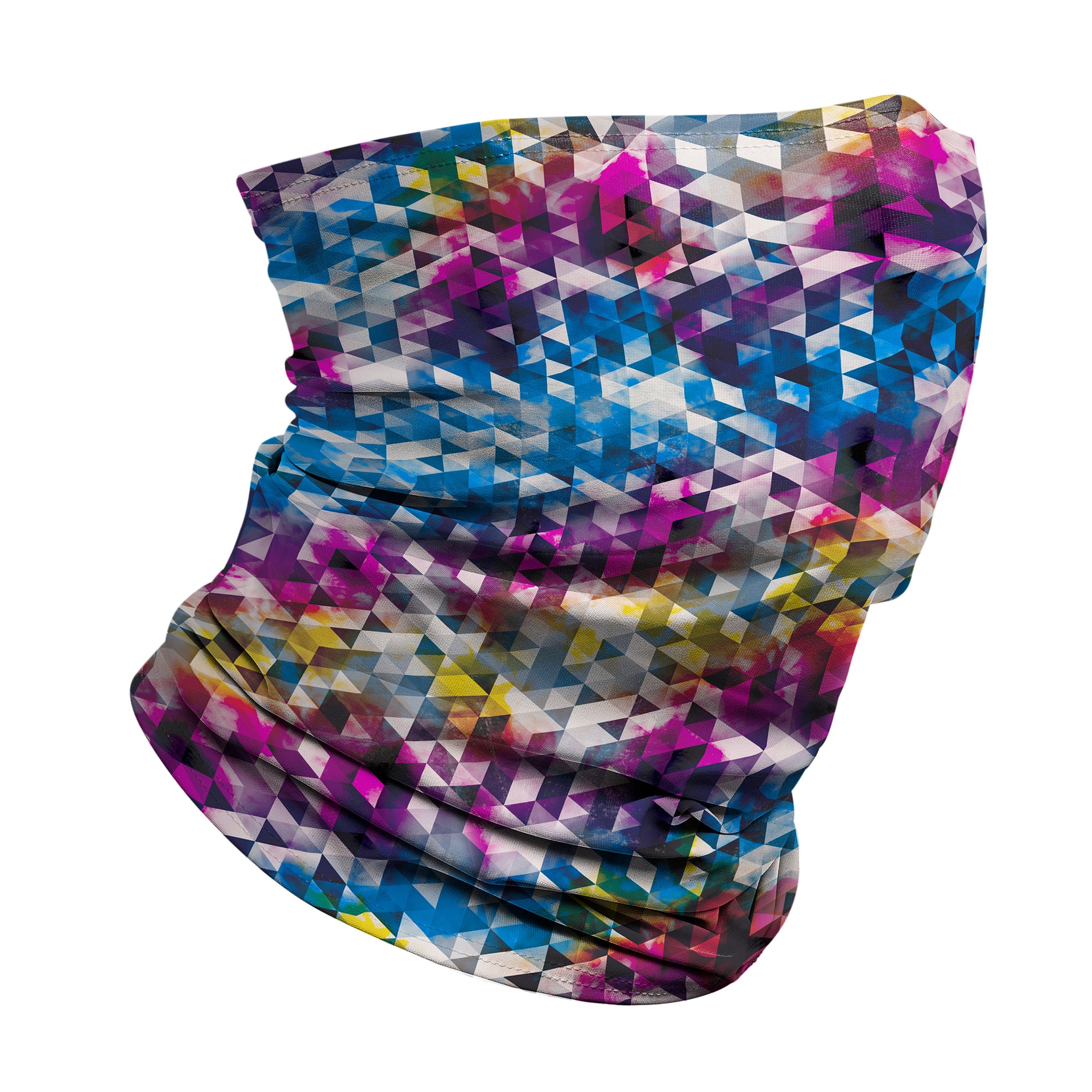 colorful winter neck gaiter with pink red blue yellow geometric design