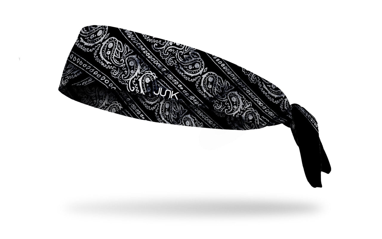 left side view black and white distressed paisley bandana print JUNK flex tie headband