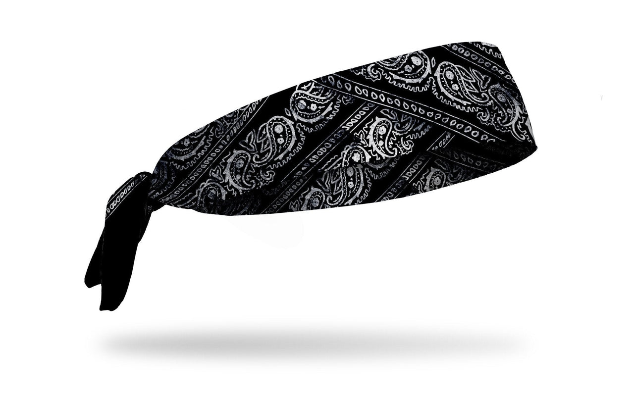 right side view black and white distressed paisley bandana print JUNK flex tie headband