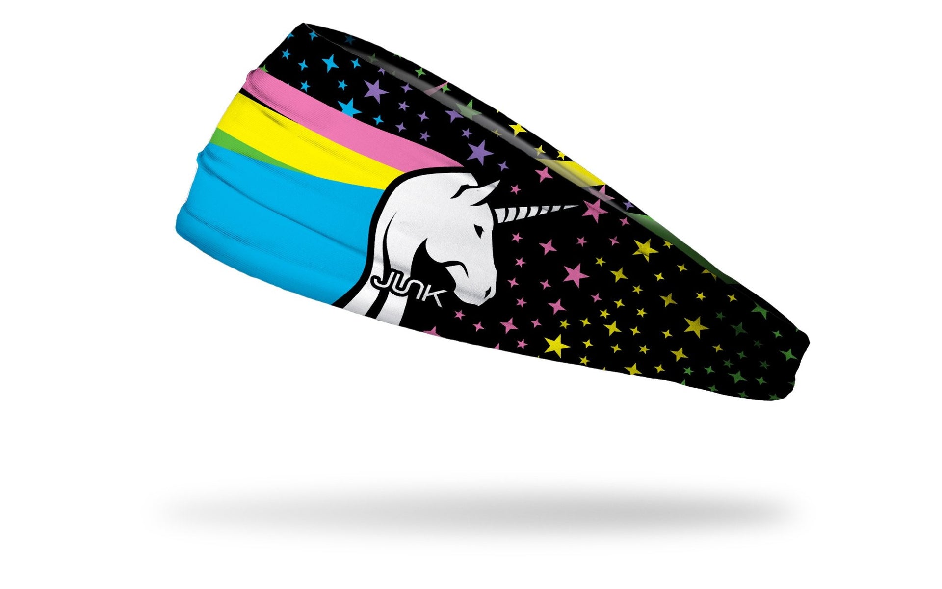 black headband with rainbow pastel unicorn and stars design in yellow purple blue and green